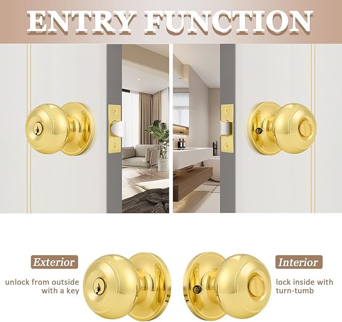 Probrico Entrance Door Knobs Door Lock Keyed Alike Lockset Polished Brass Same Key Round Ball Entry Door Knobs Pack of 6