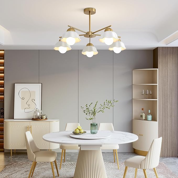 5-Light Modern Chandelier Large Opal White Glass Sputnik Pendant Light Fixture Brass Semi Flush Mount Ceiling Light Vintage Living Room Close to Ceiling Chandelier Light for Bedroom MCL08-5 GD