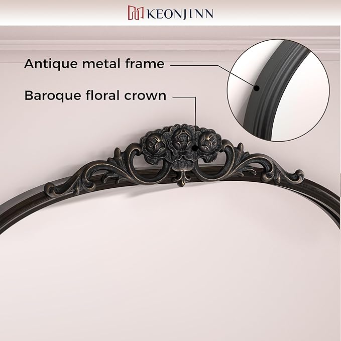 Keonjinn Vintage Mirror 40" x 30", Large Black Antique Mirror with Metal Frame, Ornate Arched Mirrors for Wall, Baroque Decoration for Mantle, Bathroom, Living Room, French Cleat Mounting