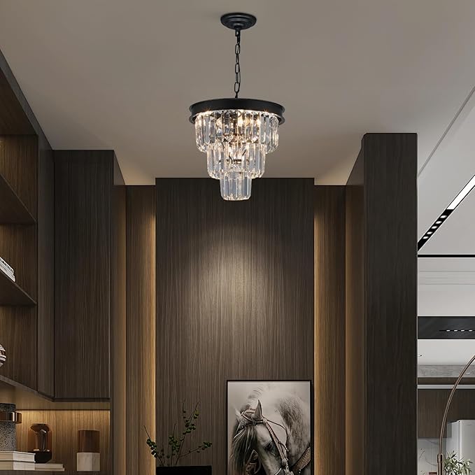 Crystal Chandeliers for Dining Room Light Fixtures Over Table，4-Lights Modern Black Crystal Pendant Lighting Fixture，3 Tiers Small Chandeliers for Kitchen Island Bedroom Entryway D12 Inch
