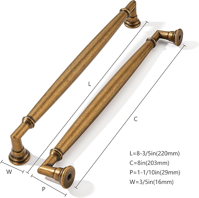 khtumeware 2 Pack 8 Inch(203mm) Antique Brass Cabinet Pulls Heavy Duty Solid Vintage Brass Cabinet Handles Kitchen Antique Bronze Cabinet Hardware for Cupboard Drawer Handles