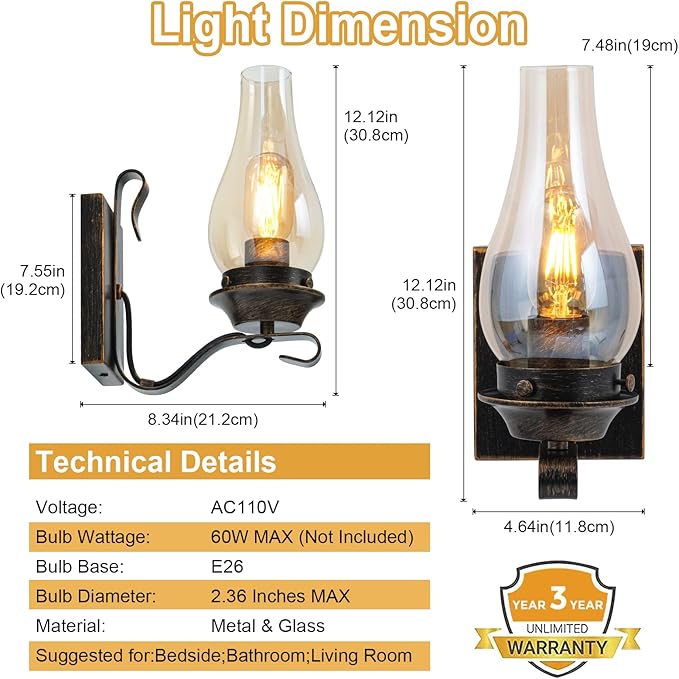 Wall Sconces Sets of 2, Oil Rubbed Bronze Hardwired Wall Sconce Indoor, Retro Rustic Wall Lamps with Amber Glass,Vintage Bedside Sconces Wall Lighting for Living Room Bathroom