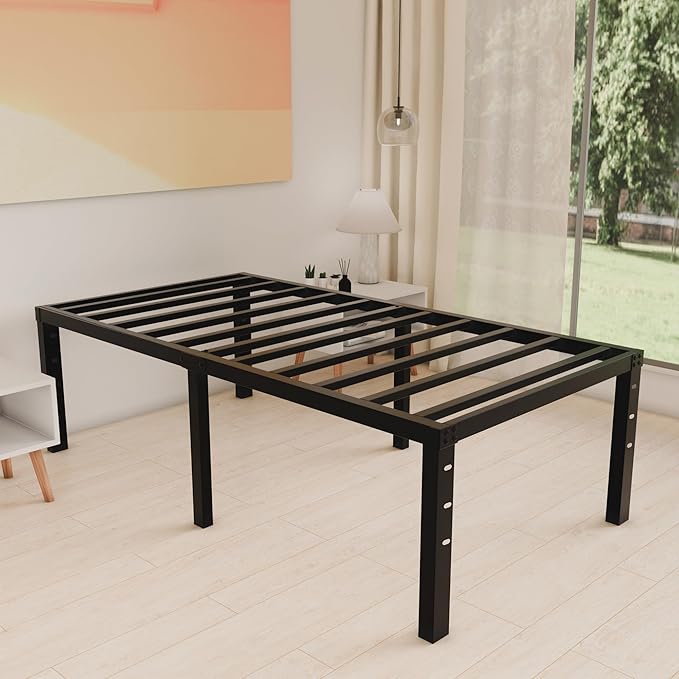 20 Inch Twin Size Bed Frame, No Box Spring Needed, Heavy Duty Black Metal Platform Mattress Foundation with Steel Slats, Non-Slip Noise Free Easy Assembly, Large Storage