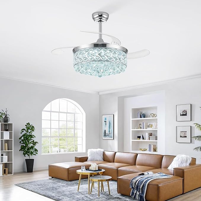 42 inch Crystal Fandelier Ceiling Fan with Light, Retractable Chandelier Ceiling Fan with Lights and Remote for Bedroom Living Room, LED Dimmable, Quiet DC Motor