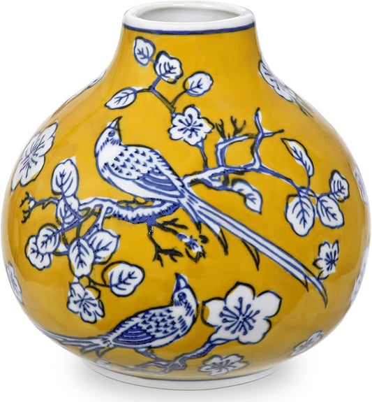 Hollyone Blue and White Vase Porcelain Vases Yellow Small Chinoiserie Decor Yellow Vase Classic Ceramic Gifts Chinese Flower Vases for Bedroom Living Room Console Table Accent Shelf Tabletop Decor