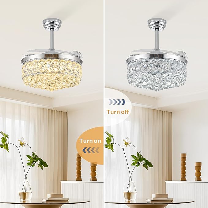 42 inch Crystal Fandelier Ceiling Fan with Light, Retractable Chandelier Ceiling Fan with Lights and Remote for Bedroom Living Room, LED Dimmable, Quiet DC Motor