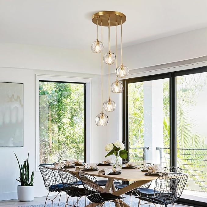 Modern 6 Lights Cluster Pendant Lighting Multi Light Gold Crystal Chandelier Pendant Light Mid Century Anti Brass Clear Glass Round Ceiling Hanging Light Fixture