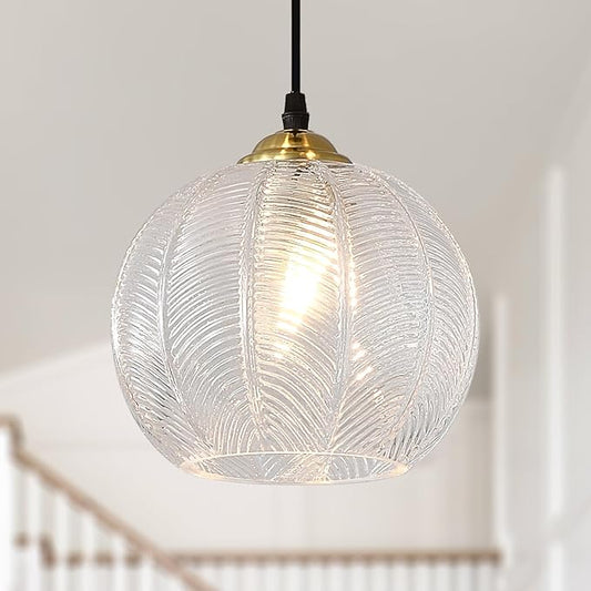 Clear Glass Pendant Light, Single Large Globe Shade Hanging Chandelier, 9.8-Inch Hand Blown Glass Ball Pendant Light Fixtures for Kitchen Island, Staircase, Dining Room, Living Room, Bedroom