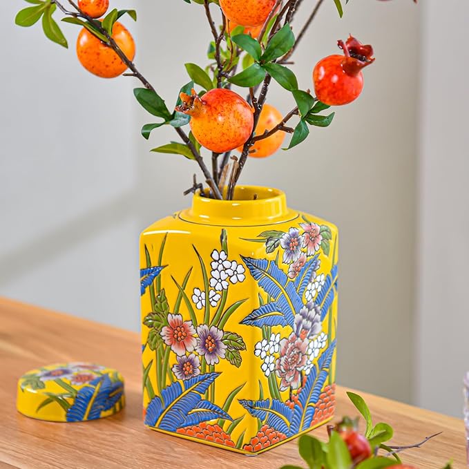 Sungmor Decorative Ceramic Ginger Jar with Lid, Square Ceramic Storage Jar Tea Canister, 8.2" Hand Painted Floral Pattern Porcelain Vase for Table Centerpiece, Yellow Glazed Ginger Jar for Home Decor