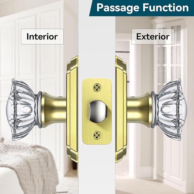 Passage Glass Door Knobs Interior, Satin Brass Crystal Door Knobs Interior, Gorgeous Gold Crystal Glass Door Knob for Hall and Closet, 1 Pack