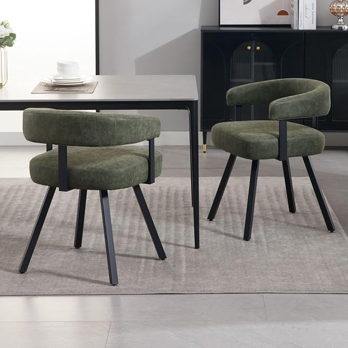 LukeAlon PU Leather Dining Chairs Set of 2, Upholstered Armchair with Padded Barrel Back Modern Guest Chair Side Chairs with Armrests Black Metal Legs for Kitchen Dining Room, Vintage Green