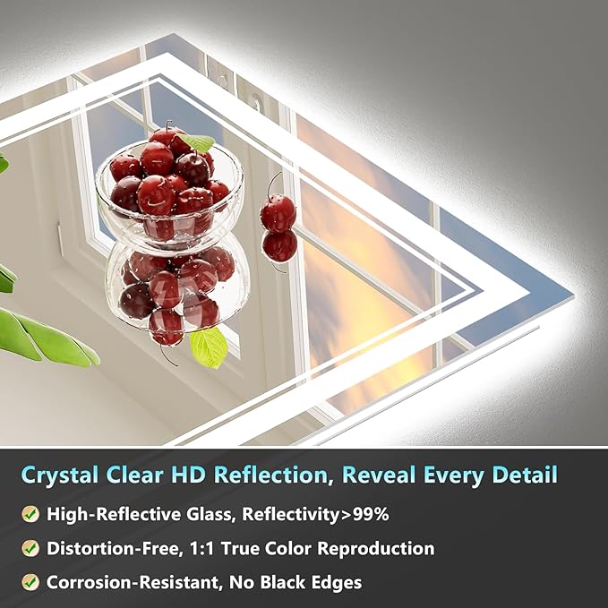 60x30 LED Bathroom Mirror with Lights, Backlit and Front Lit Anti-Fog Lighted Vanity Mirror for Bathroom Wall, 3 Colors, Stepless Dimmable, Memory, Shatter-Proof, HD Tempered Glass, ETL Listed