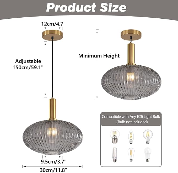 KCO Lighting Mid Century Modern Gold Glass Pendant Lighting Smoke Grey Globe Pendant Lights Kitchen Island Industrial Brass Gold Hanging Ceiling Light Fixture for Dining Room
