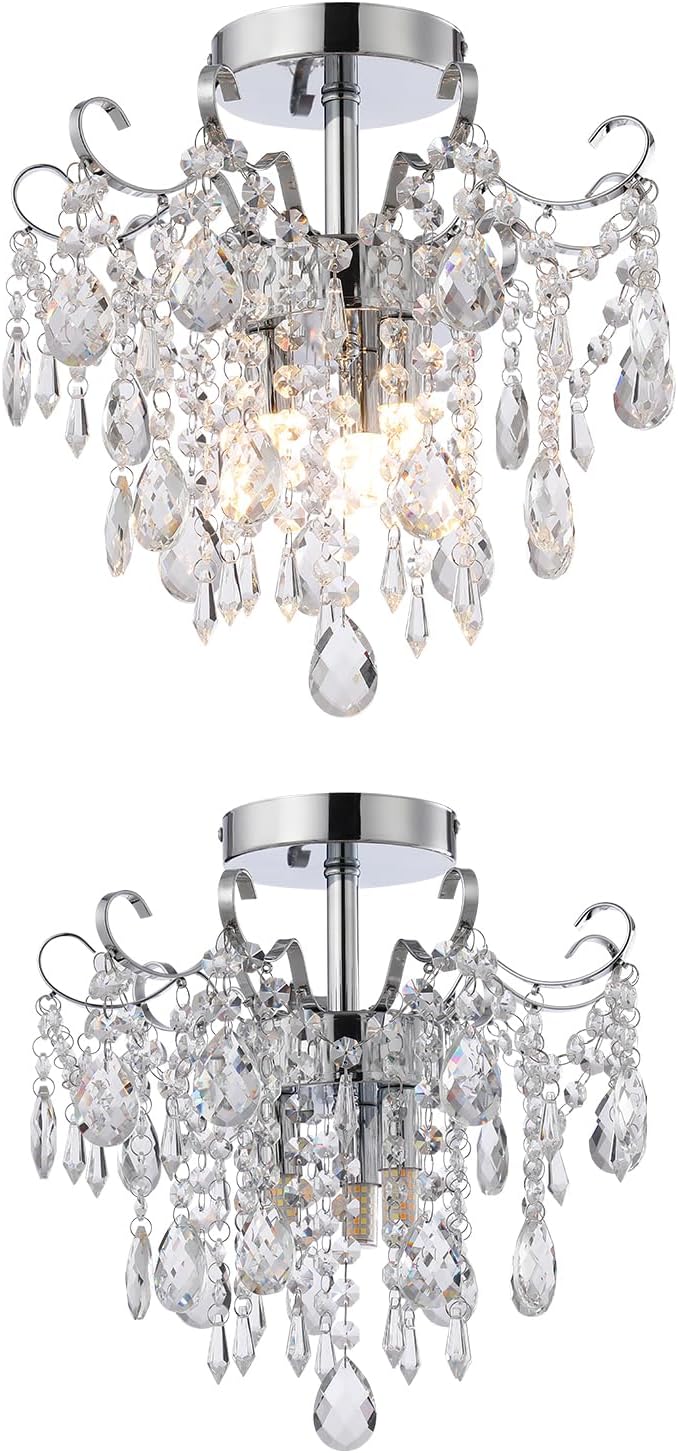 Mini Chrome Chandelier Crystal Ceiling Light,Small Crystal Chandelier Flush Mount Ceiling Light Fixtures for Bedroom,Hallway,Entryway,Living,Dining Room