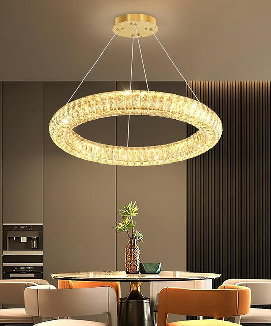 1 Ring Modern Crystal Chandelier Dimmable Ring Pendant Light Round Crystal Chandeliers for Living Room Dining Room Bedroom 23.6'' Gold
