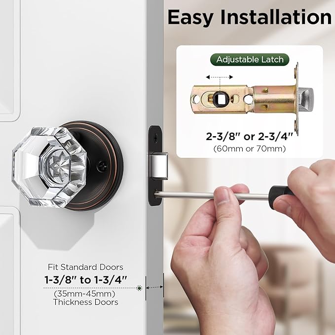 1 Pack Crystal Door Knob, Octagon Shaped Glass Door Knobs Interior with Lock, Oil Rubbed Bronze Door Knobs Interior Glass