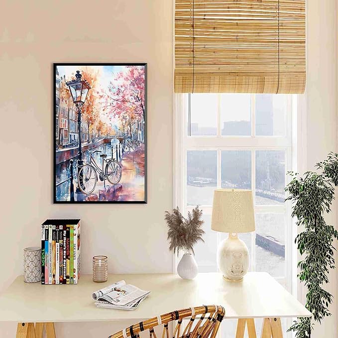 Framed Canvas Prints Amsterdam Canal Bikes Watercolor Print Netherlands Wall Art Print Amsterdam Cityscape Painting Dutch City Travel Poster Wall Hanging 12x18in-Black-Metal-Framed