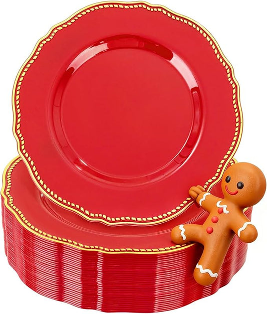 Hioasis 60pcs Red Plastic Plates - Red and Gold Disposable Dinnerware with Gold Rim, Heavy-duty, 7.5 inch, Dessert Plates for Party & Christmas