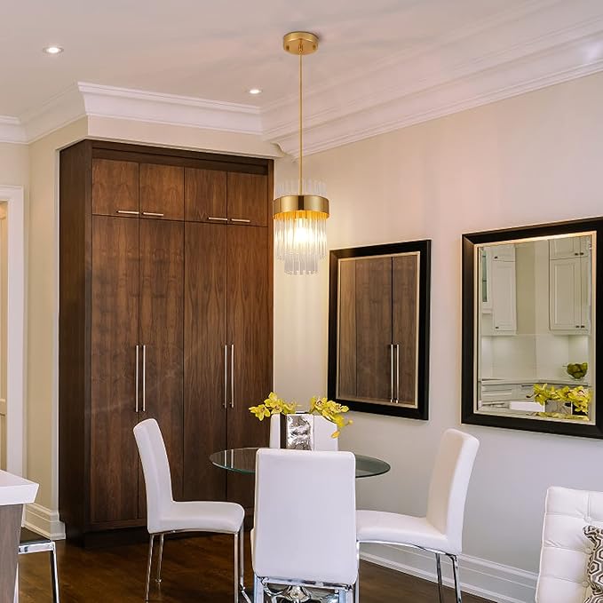 Gold Pendant Lights Kitchen Island,1-Light Crystal Pendant Light Fixtures Over Island,Modern Brass Mini chandelier For Dining Room, Adjustable Cord Hanging Lights For Bedroom,Bar,Sink,Entryway