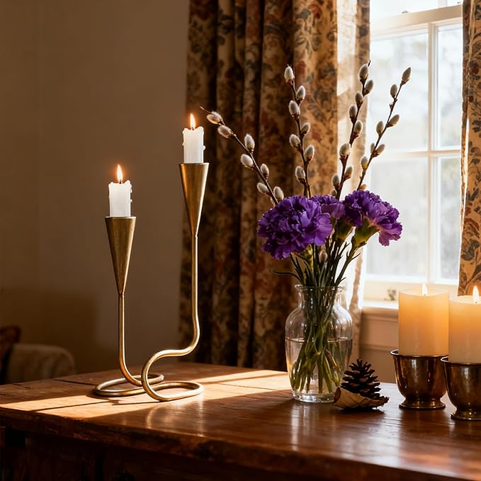 Vintage Twisted Brass Style Candle Holder, Candlestick Holder for Table Decoration, Holiday, Wedding, Housewarming (Size C)