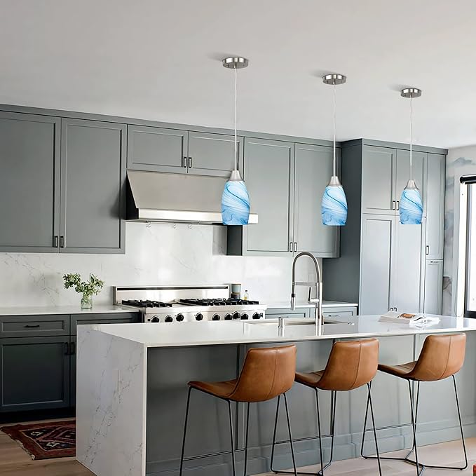 Mini Glass Pendant Light 1-Pack with Handblown Blue Marble Art Oval Glass Lamp Ceiling Hanging Light 4.72" Small Chandelier for Dining Room Kitchen Foyer Hallway