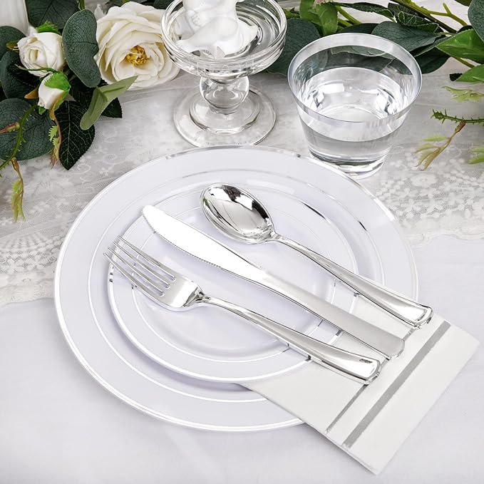 NOCCUR 700PCS Silver Plastic Plates Disposable for 100 Guests - Include 100 Dinner/Dessert White Plastic Plates with Silver Trim,300 Cutlery,100 Cups,100 Napkins for Party&Christmas