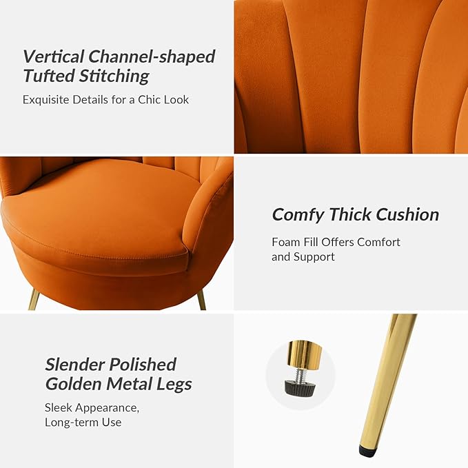 HULALA HOME Modern Velvet Accent Chair with Shell Shaped Back, Cute Living Room Bedroom Armchair with Gold Legs, Comfy Upholstered Vanity Chair for Makeup Room, Orange