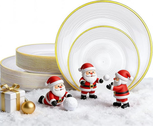 Morejoy 60Pcs Pearl White Plastic Plates,White Disposable Plates With Gold Rim,Heavy-duty Gold Plates, Modern swirl design Plate Include 30Clear Dessert-Platos,30Dinner-Platos for Party&Christmas