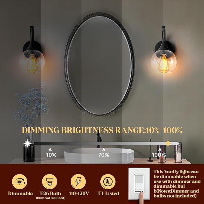 1-Light Bathroom Wall Sconces,Matte Black Sconces Wall Lighting with Clear Glass Shade,Modern Vanity Light Fixtures,Indoor Lamp Wall Mount Light for Mirror, Bedroom