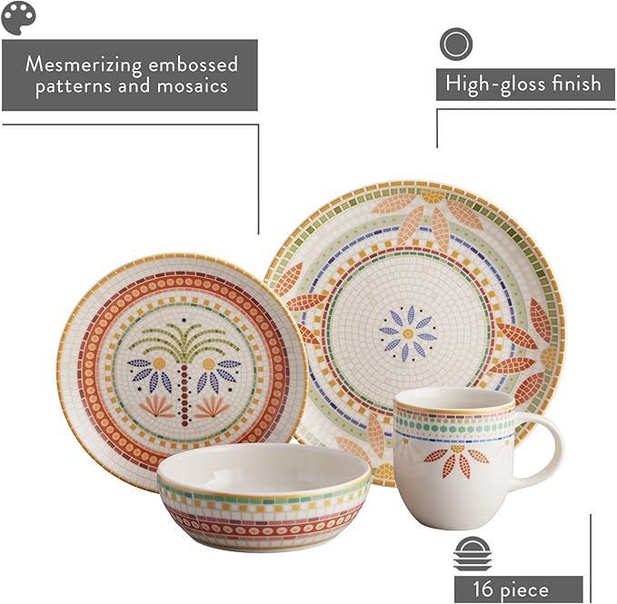 Corona Dinnerware Set 16–piece Mosaic Tropical Flower Pattern Ceramic Dinnerware Sets | Plates, Bowls and Mugs | Service For 4 | Fiore