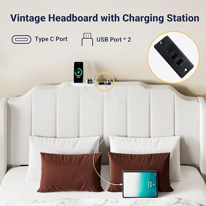 Allewie Vintage Full Size Velvet Platform Bed Frame with Curved Vertical Tufted Wingback Headboard and Footboard, Charging Station, Easy Assembly, Under Bed Storage, No Box Spring Required, White