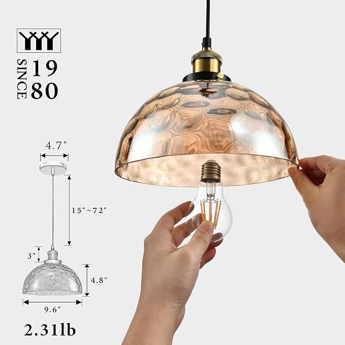 Modern Glass Pendant Light, 9.6"x4.8" Amber Ribbed Globe Light Fixture with Gold Cap, 15"-72" Adjustable Cord, E26 Socket for Dining or Lounge Areas – Sunrise Glow Bell