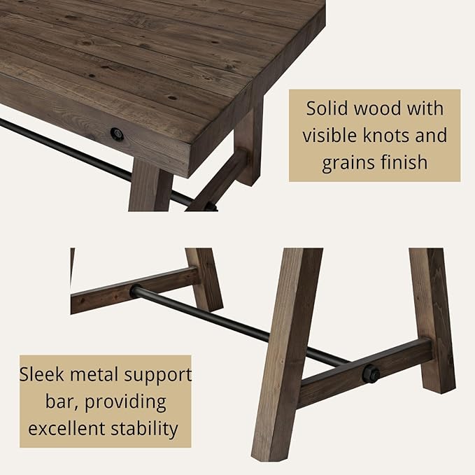 Farmhouse Dinning Table Solid Wood Rustic Kitchen Table for 4-6 People, 59" Wooden Rectangular Kitchen Table with Trestle Base for Dining/Kitchen Room, Walnut