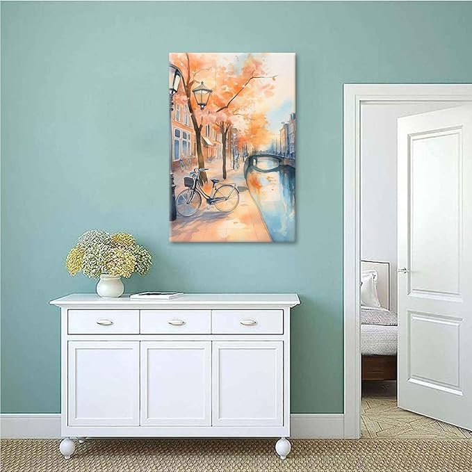 Framed Canvas Prints Amsterdam Canal Bikes Watercolor Painting Netherlands Wall Art Print Amsterdam Cityscape Travel Poster Europe Art Print 20x30in-Framed
