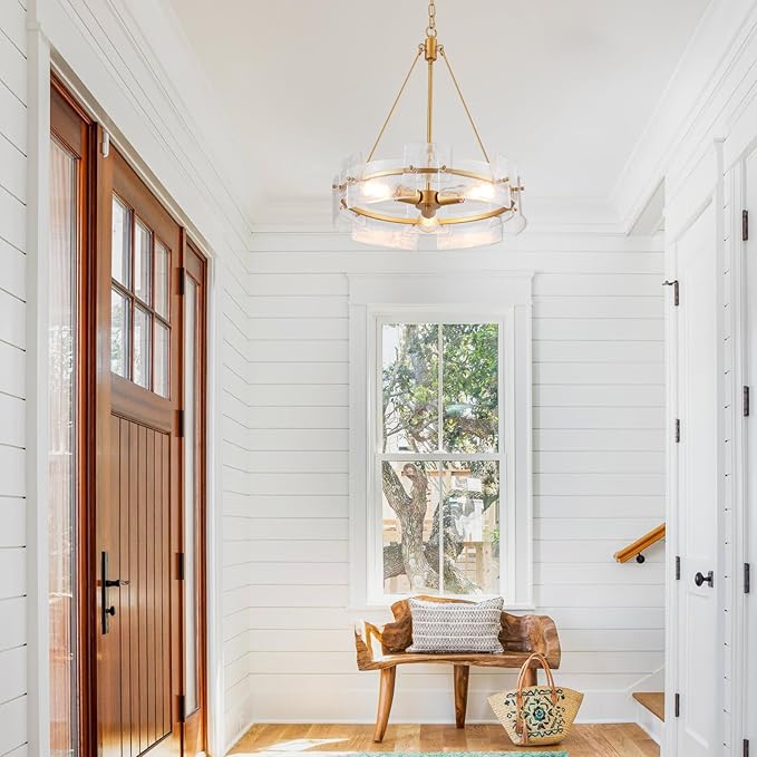 Dia 21 Inch Modern Glass Chandelier for Dining Room, 3-Light Vintage Chandelier for Foyer, Gold Pendant Light for Farmhouse Bedroom Entryway Kitchen