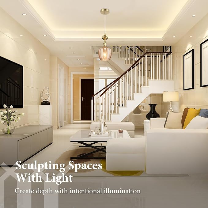 Modern Glass Pendant Light, 6.5"x14" Amber Sunset-Striped Hanging Fixture with Gold Cap, 15"-72" Adjustable Line, E26 Socket for Dining Room or Lounge – Sunset Gold Bordeaux