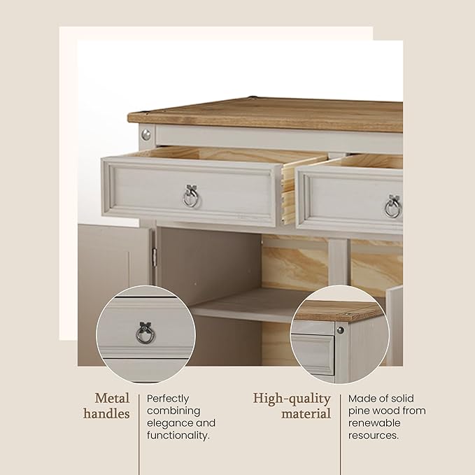 Furniture Dash Solid Wood Sideboard Buffet 65.9" W, 16.9" D, 31.6" H - Wooden Storage Cabinet, Cupboard Console Table, Ideal for Living Room, Kitchen Island, Dining Room