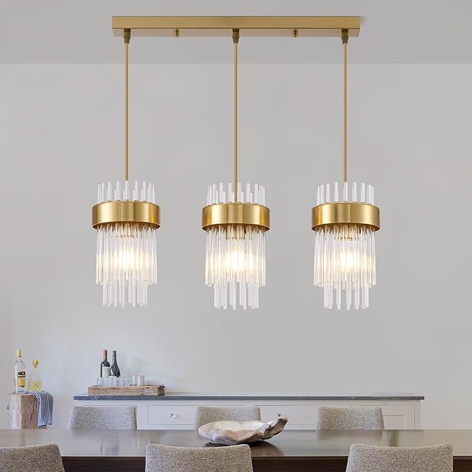 Dijiahua Gold 3-Light Pendant Lights Kitchen Island Over Table, Modern Crystal Brushed Brass Linear Chandeliers,Adjustable Cord Hanging Counter Lamp Fixture for Dinning Room,Sink