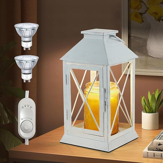 Candle Warmer Lamp with Timer,Cande Warmer Lantern for Jar Candle,Dimmable Candle Lamp Warmer Farmhouse Heat Lamp with 2 Bulbs,Auto Shut Off & Adjustable Brightness-White