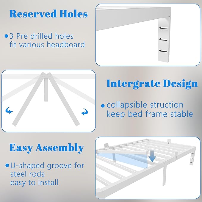 16 Inch Twin Bed Frames, White Twin Metal Bed Frame with Anti-Slip Baffles, No Box Spring Needed, Heavy Duty Steel Platform Supprt, Rounded Corner Legs, Noiseless, Reserved Holes, Storage Space