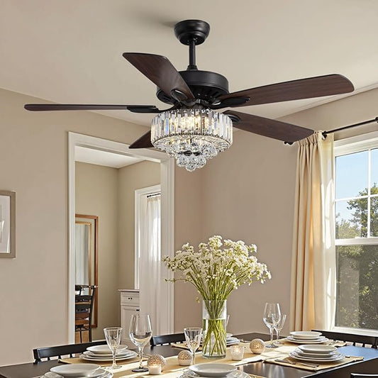 52-inch Crystal Ceiling Fan with Lights,Modern LED Fandelier with Remote Control,6-Speeds,Low Profile Flush Mount Chandelier for Living Room,Dining Room,Bedroom,Foyer