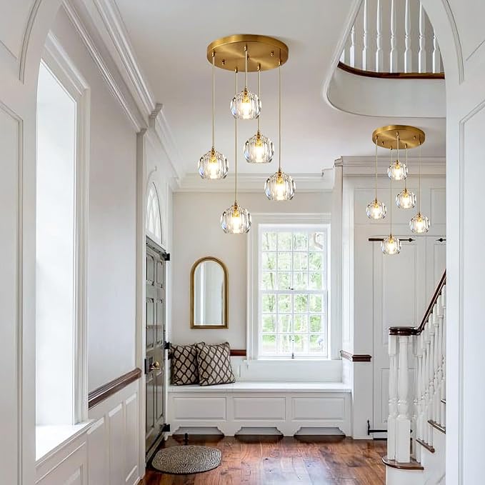 Mid Century 5-Lights Cluster Pendant Lighting Modern Gold Crystal Kitchen Island Pendant Light Multi Light Brass LED Pendant Light Fixture Clear Bubble Round Dining Chandelier