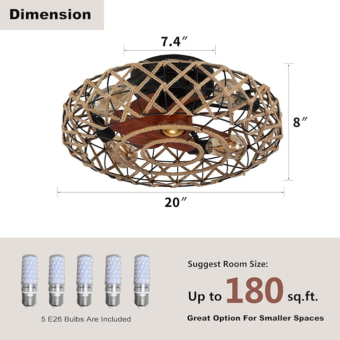 20''Rustic Hemp Rope Caged Ceiling Fans with Lights and Remote Hand-Woven Rattan Flush Mount Ceiling Fan with Light Farmhouse Boho Include Bulbs 6 Speeds Reversible for Bedroom,Kitchen Island