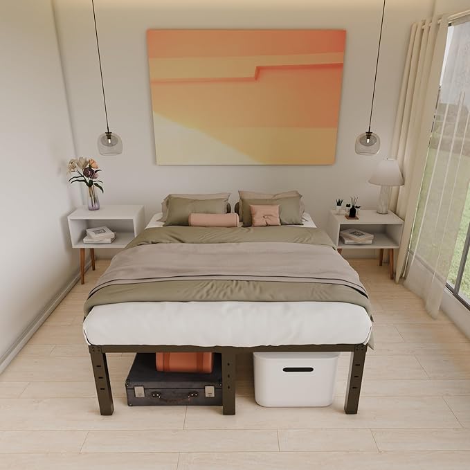 14 Inch Metal Bed Frame Queen Size No Box Spring Needed - Easy Assembly Heavy Duty Noise Free Narrow Bedframes - Double Black Basic Steel Slats Platform with Storage