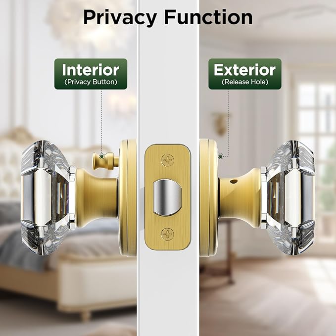 1 Pack Crystal Door Knob, Octagon Shaped Glass Door Knobs Interior with Lock, Satin Brass Door Knobs Interior Glass