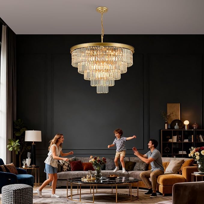 Crystal Chandeliers for Dining Room Lights Fixture Over Table, 20 Lights Gold Modern Chandeliers for Living Room, 5-Tier Round Crystal Lighting Fixtures for Bedroom Entryway Kitchen Island D30 Inch