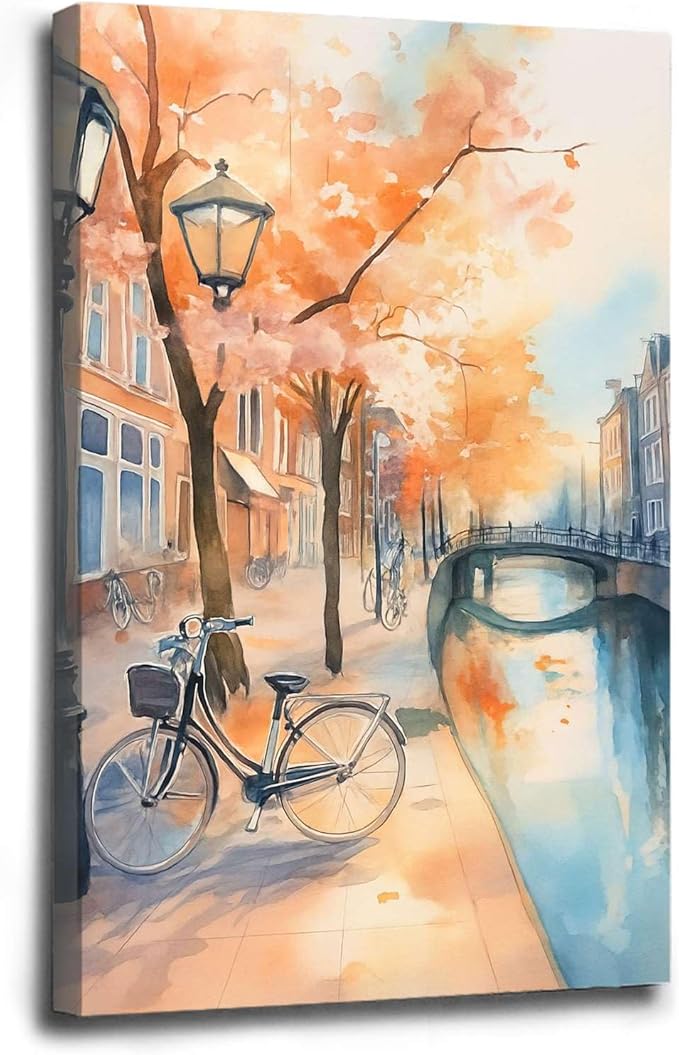 Framed Canvas Prints Amsterdam Canal Bikes Watercolor Painting Netherlands Wall Art Print Amsterdam Cityscape Travel Poster Europe Art Print 12x18in-Framed