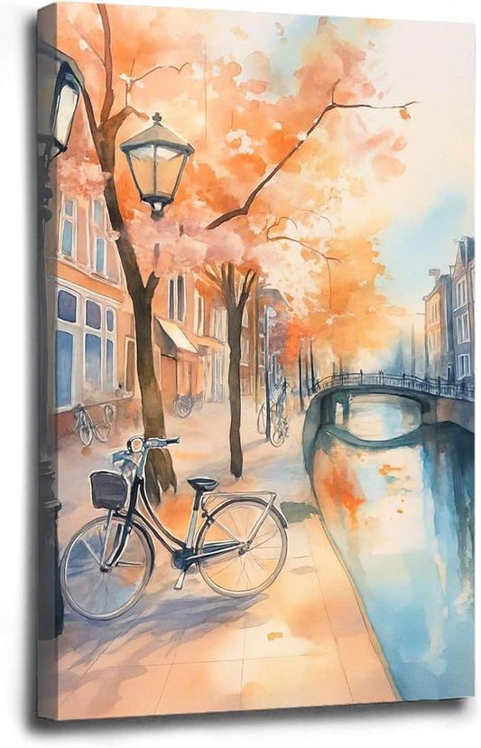 Framed Canvas Prints Amsterdam Canal Bikes Watercolor Painting Netherlands Wall Art Print Amsterdam Cityscape Travel Poster Europe Art Print 16x24in-Framed