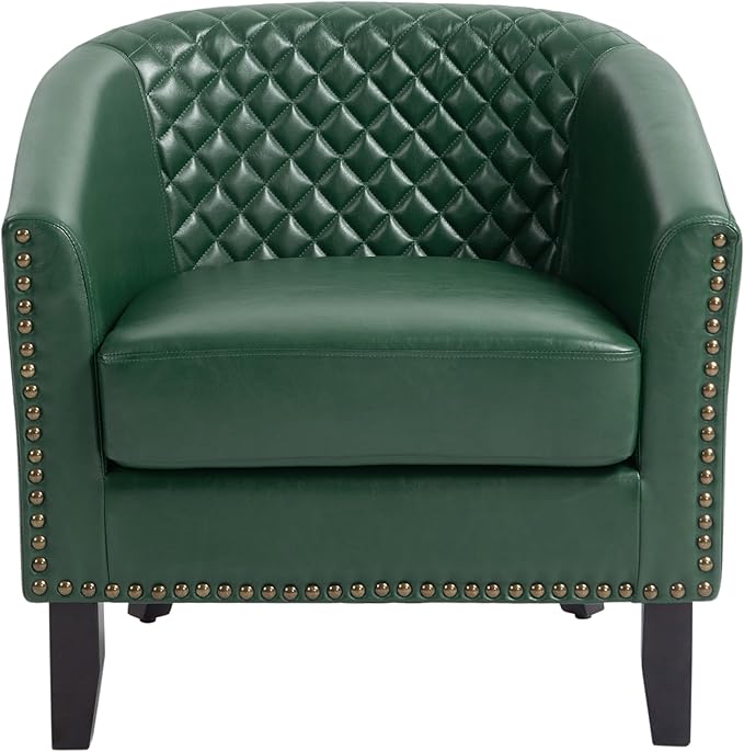 UIXE Faux Leather Barrel Accent Chair Modern Club Arm Chair, Comfy Upholstered Armchair Nailhead Trim Living Room Single Sofa Reading Seat Bedroom Side Sitting for Office Home, Green