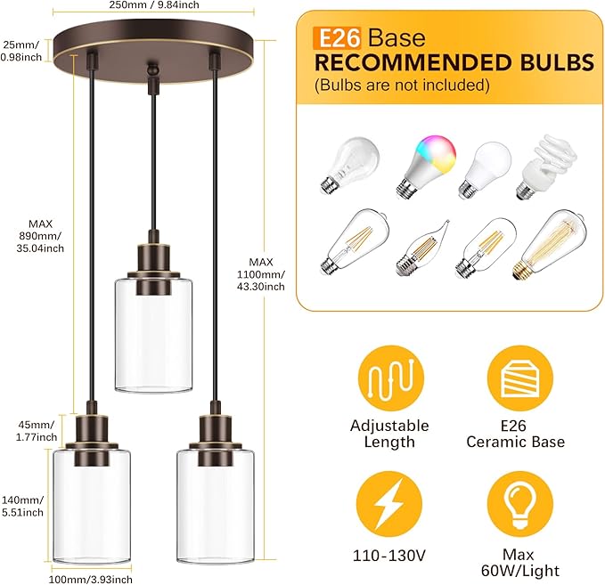 MAXvolador Industrial 3-Light Pendant Light, Adjustable Hanging Light Fixture with Clear Glass Shade, Pendant Lighting E26 Base Ceiling Lamp, Oil-Rubbed Bronze